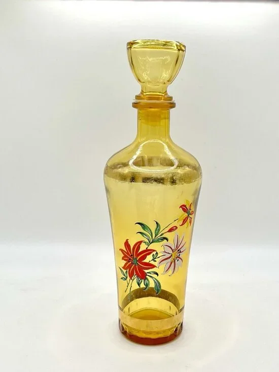 Vintage Mid Century Amber Glass Decanter Floral Bottle Barware MCM Retro Boho