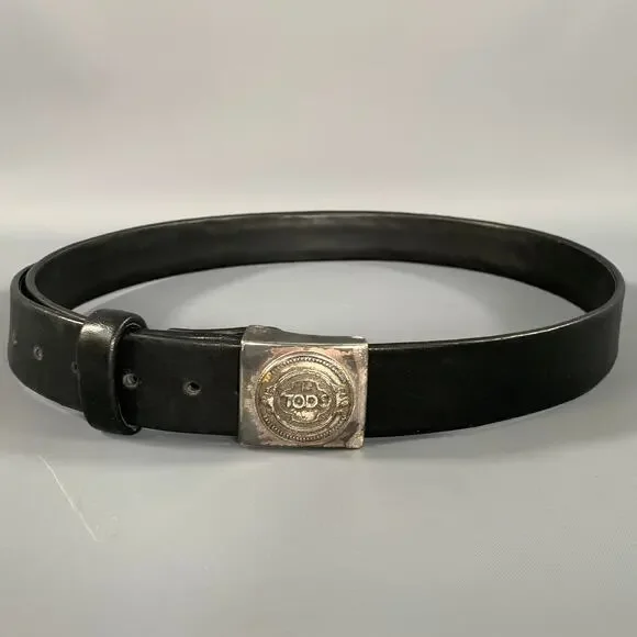 TOD'S Size 38 Black Silver Solid Leather Belt