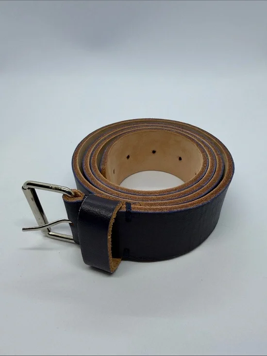 Vera Pelle Navy Leather Belt with Silver Buckle and Natural Lining