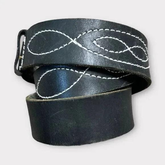 Vintage B.G. Street Belt Western Leather Embroidered Round Buckle Americana