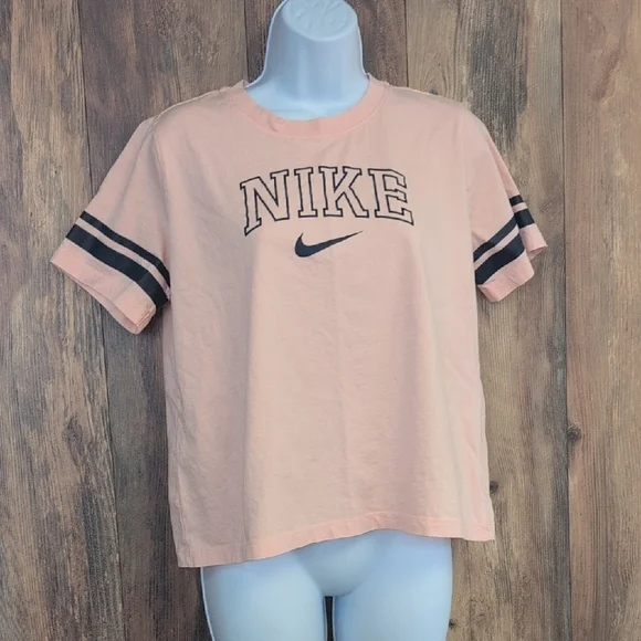 Nike Peach/Navy Blue Short Sleeve Crop Tee with Sporty Stripes L