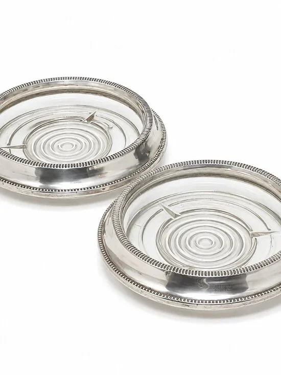 Fisher Sterling Silver Glass Coaster Set with Beaded Edge