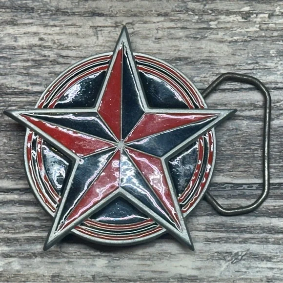 Vintage 2002 Western Star Enamel Belt Buckle Americana Red Blue - GUC