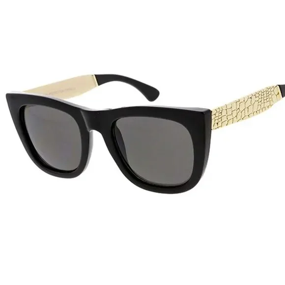 Black Cat Eye Sunglasses Gold Crocodile Texture Temples