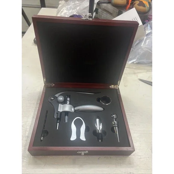 6 Piece Rabbit Style Manual Corkscrew Wine Opener Set in Latching Wood Case