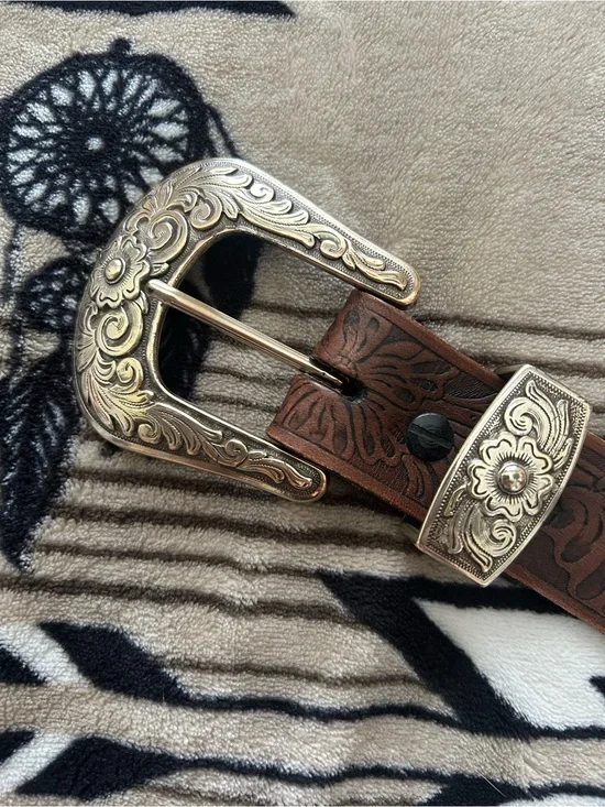 Western-Style Brown Leather Belt with Ornate Silver Buckle