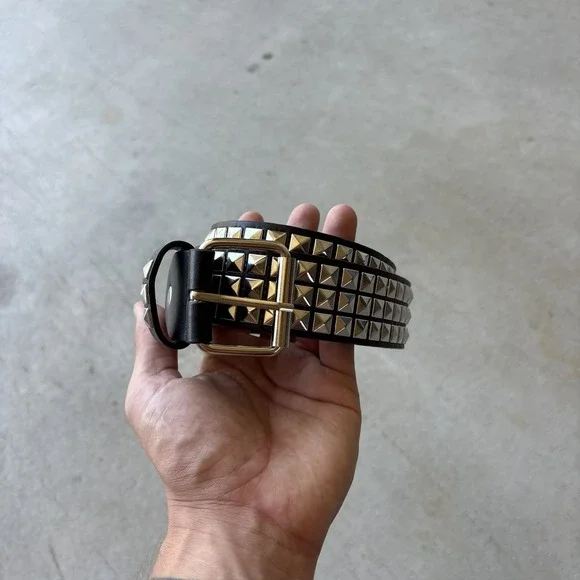 Vintage Y2K 3 Row Silver Pyramid Studded Belt Black Leather Punk Emo Goth Mall