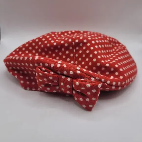 Janie And Jack Hat Newsboy Cap Girls 0-6 Months Red Polka Dot Bow‎ Lined Wool