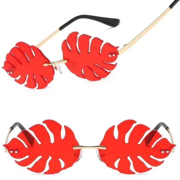 Red Monstera Leaf Rimless Sunglasses Festival Rave