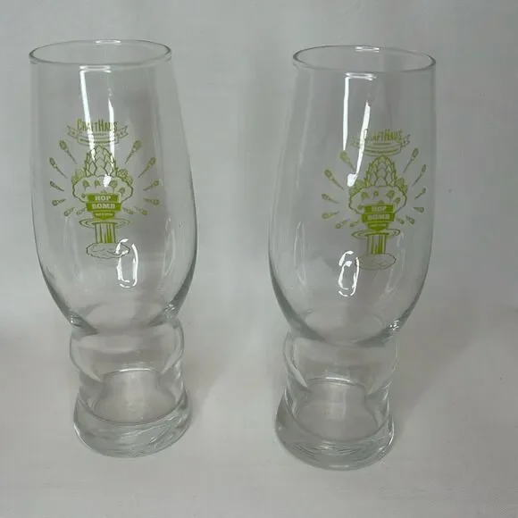 Craft Haus Beer Bomb Glasses 16 Oz Set Of 2 Clear Green Writing 7 1/2 Tall