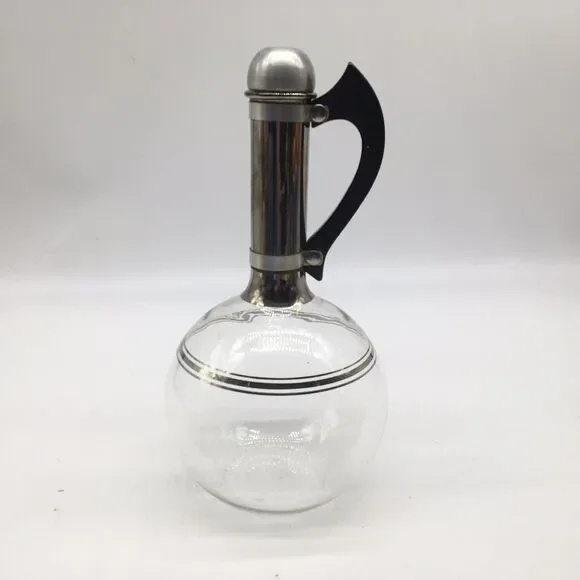 Pyrex Glass 1950's Decanter Carafe Silver Trim Bakelite Handle Cork Stop Barware