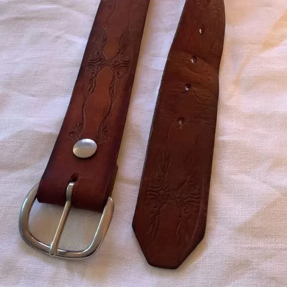 Vintage Hand Tooled Brown Leather Belt Size Large Full Grain Cowhide USA No Loop