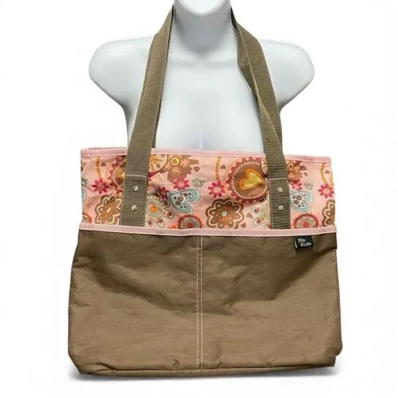 Ellie & Luke Diaper Bag Pink and Khaki Flowers and Hearts
