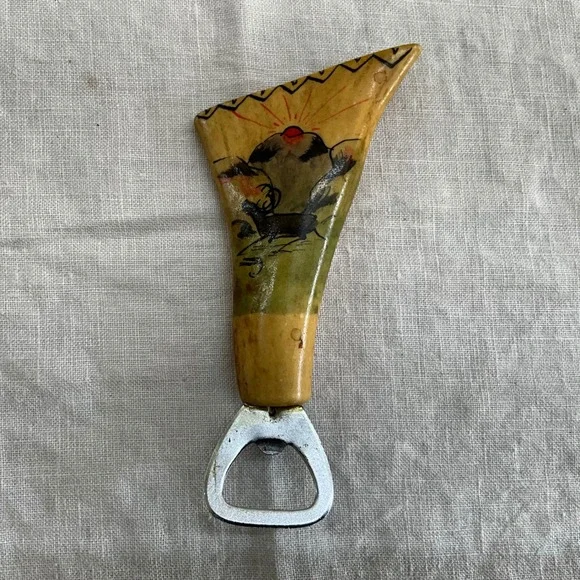 Vintage Hand Painted Bone Antler Bottle Opener Wildlife Mountain Rustic Barware