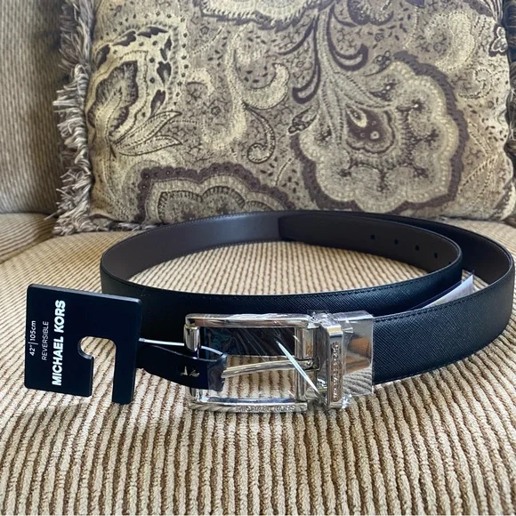 NWT Men’s MK Michael Kors Leather Belt Reversible Saffiano & Smooth Size 42