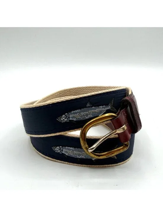 Vintage Barrons-Hunter Canvas & Leather Navy Blue Fish Print Belt Preppy Size 44