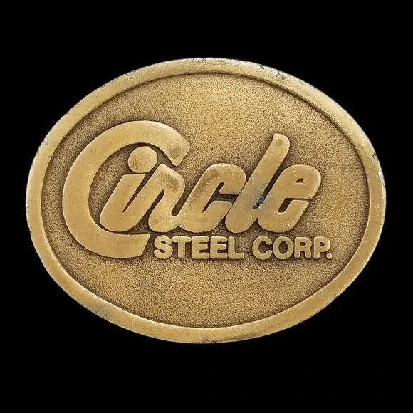 Vintage Circle Steel Corp Belt Buckle Hit Line USA Gold Tone‎ Industrial Logo