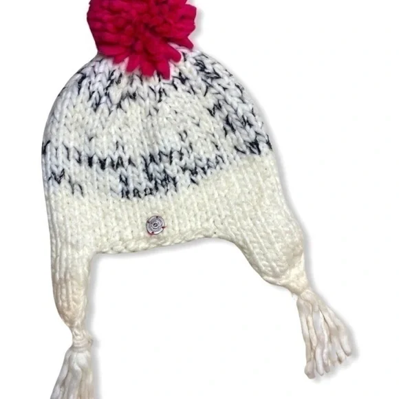 Kids White Knit Pom Pom Earflap Hat with Pink Pom
