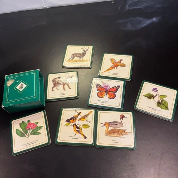 Vintage Botanical Wildlife Coaster Set Home 3.4in Green Nature Illustrations 8pc