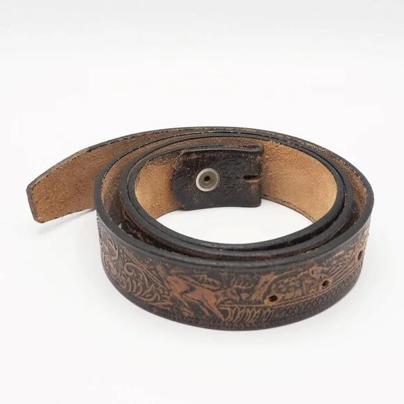 Brown Genuine Hand Tooled Woven‎ Leather Belt Outdoors Deer