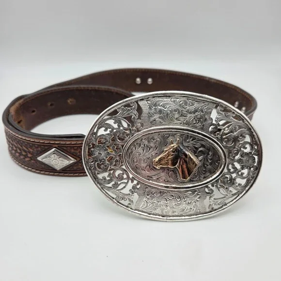 Men's Western Brown Studded Belt With Large Silver Buckle Horse Cowboy 36
