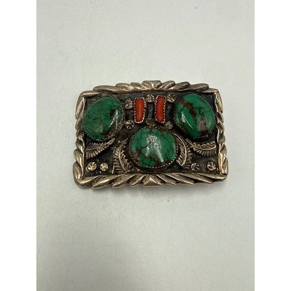 Vintage Sterling  Navajo Style Turquoise Coral Belt Buckle Silver Tone Leaf