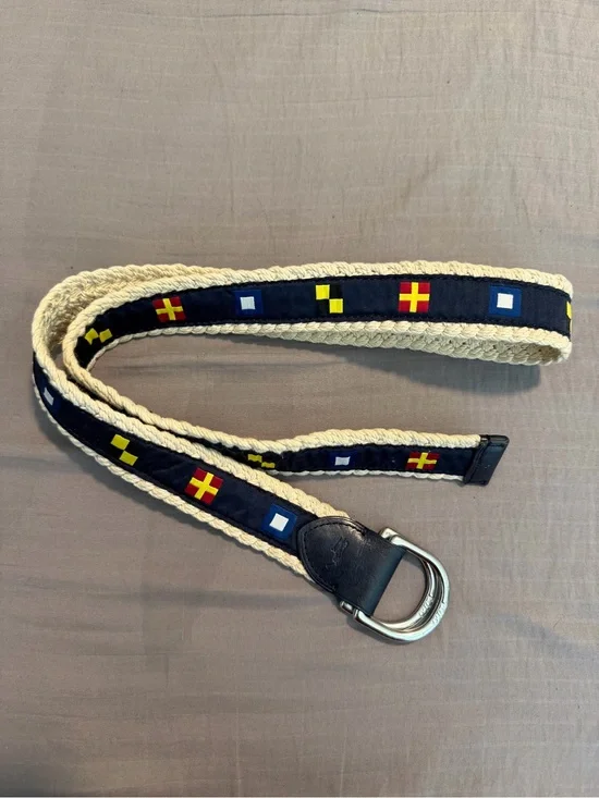 Polo Ralph Lauren Cream Braided Rope Belt with Navy Ribbon and Flag Accents