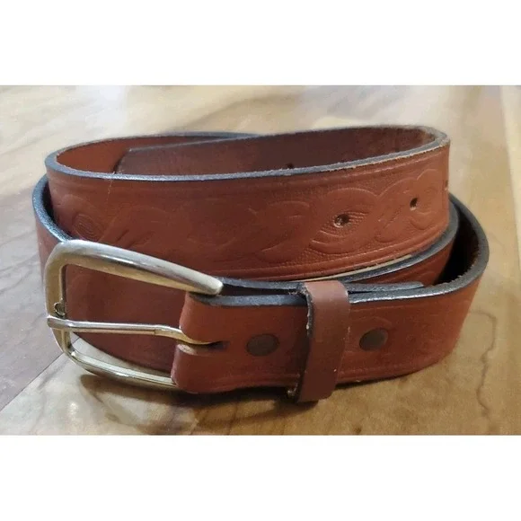 Vintage Genuine Leather Belt‎ USA Made Tooled Celtic Braided Pattern Tan Size L