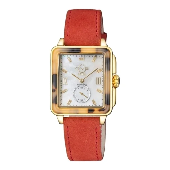 GV2 Gevril Bari Tortoise Diamond Watch, Red Suede Strap, NWT
