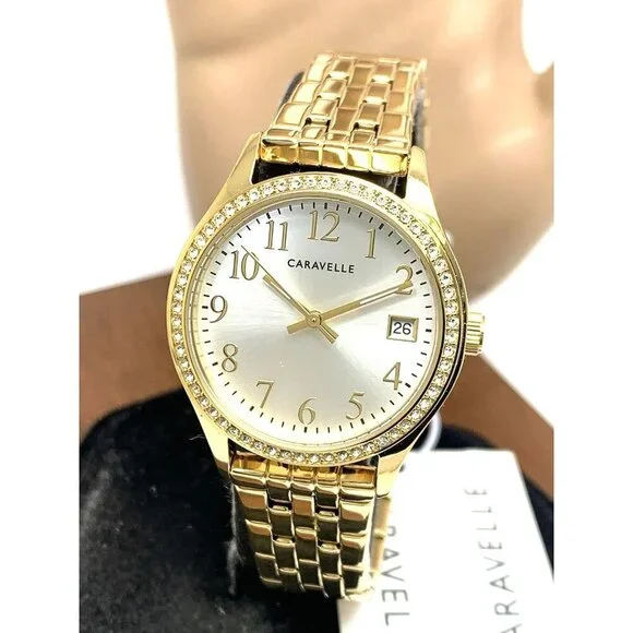 Caravelle By Bulova Women's Watch 44X101 Quartz Silver Dial Gold Steel 32mm