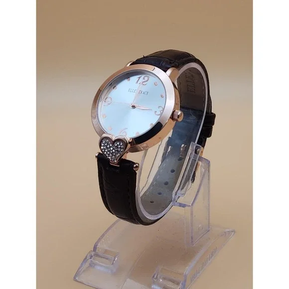 SEIKO ELLEN TRACY Watch Rose Gold Tone Deep Brown Alligator Band Heart CZ