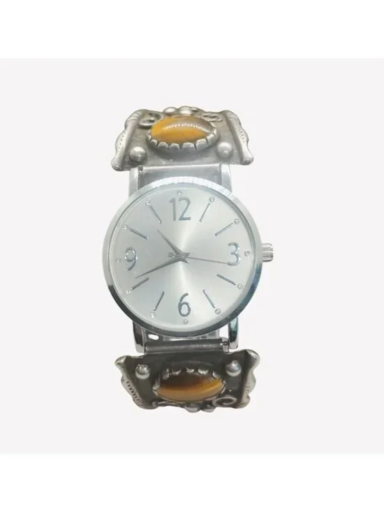 VTG Old Pawn Navajo Sterling Silver Tiger's Eye Watch Tips & Working Watch