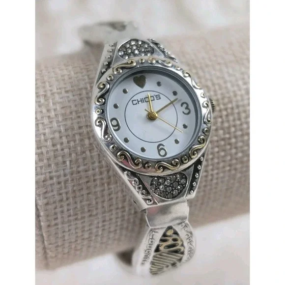 Chico's Heart Cuff‎ Watch Silver Gold Tone Rhinestone Bangle Quartz