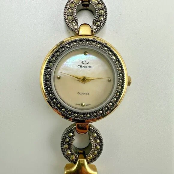 Cenere Watch Women Gunmetal Gold Two Tone Mother of Pearl Dial New Battery 5.75