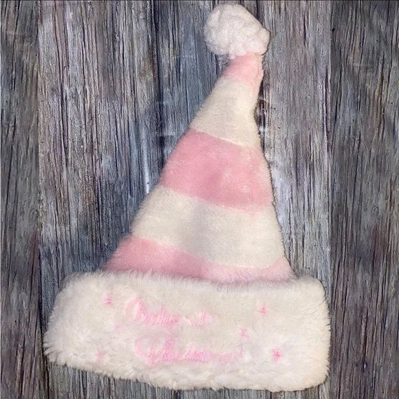 💞 Baby Girl “Baby’s 1st Christmas” Pink & White Striped Plush Santa Hat