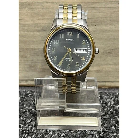 TIMEX Day Date Watch T2N093 Quartz Indiglo Black Dial Stainless Gold Flex Band