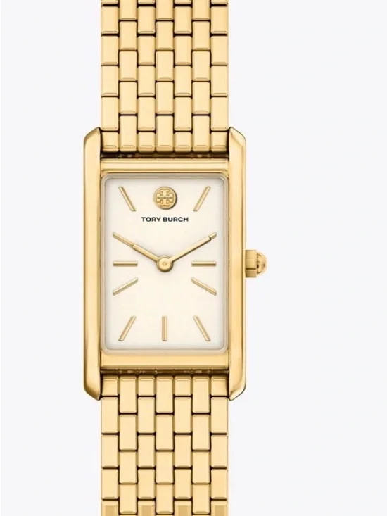 Tory Burch Gold Tone Rectangular Bracelet Watch with Ivory Dial