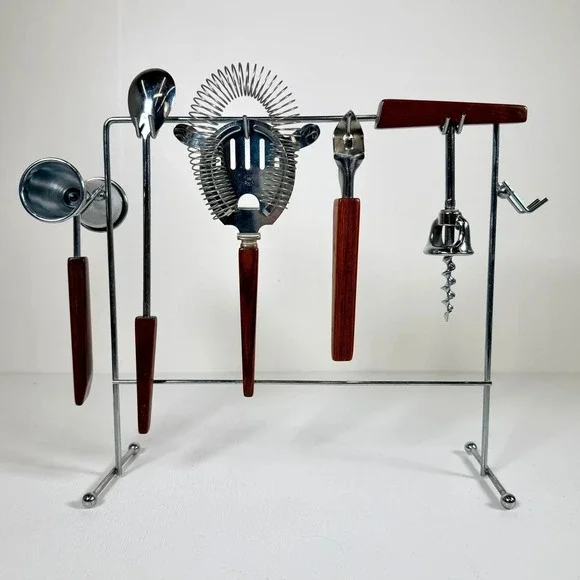 Vintage Mid Century Modern Faux Wood Handle Bar Tool Set Chrome Hanging Rack MCM