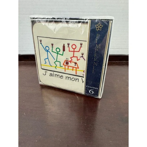 Pimpernel J'aime Mon Vin Wine Coasters Set of 6 Cork Back Made in England New