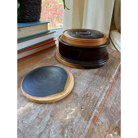 Vintage Handcrafted Live Edge Wood Coaster Set with Lidded Storage Box