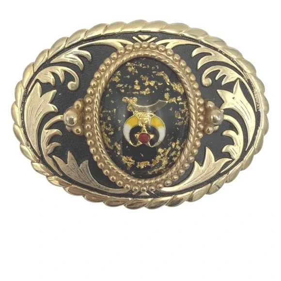Vintage 3in Shriner Belt Buckle Mens Gold Flecks Black Fraternal‎ Western Bronze