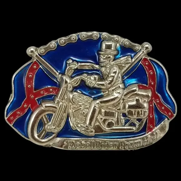 Rebel‎ Rider From Hell Motorcycle Skeleton Enamel Stamped Belt Buckle