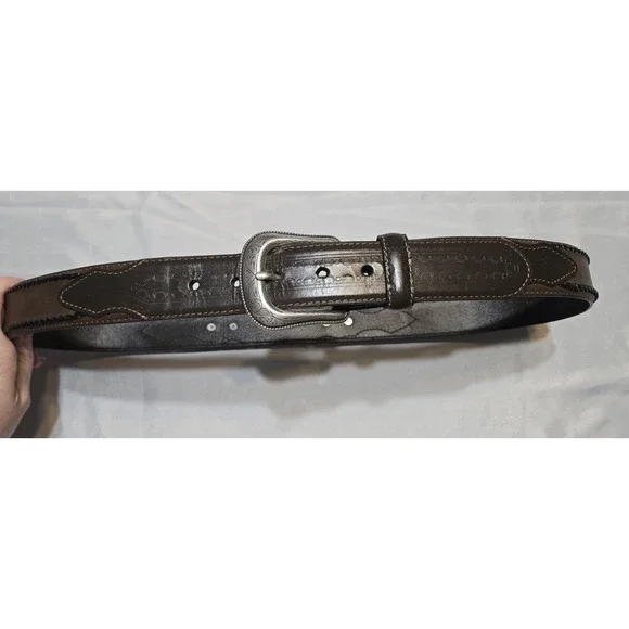 Western Work Leather And Metal Tooled Mens Belt Large 38-40 Brown Buckle