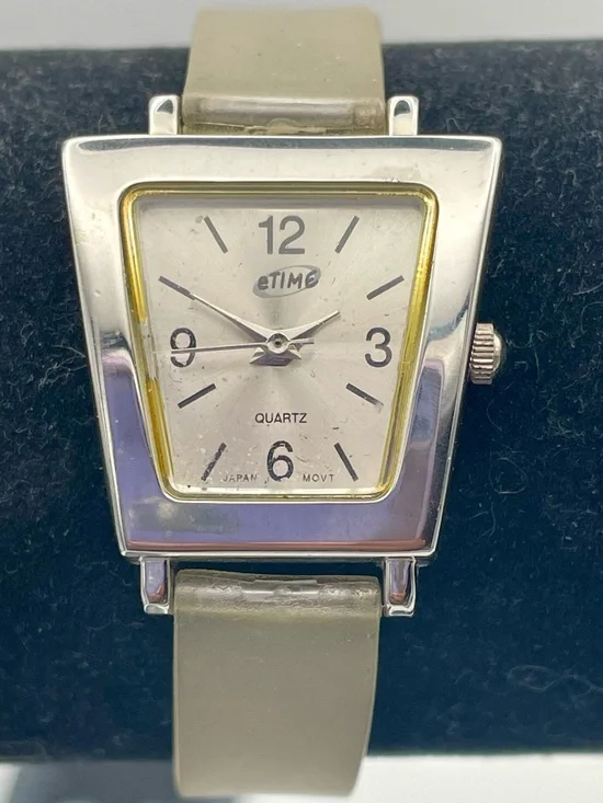 Etime Watch w/ Trapezoid Case with Clear Silicone Band. Silver Tone