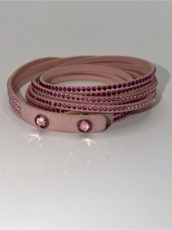 Pink Vegan Leather Crystal Wrap Bracelet