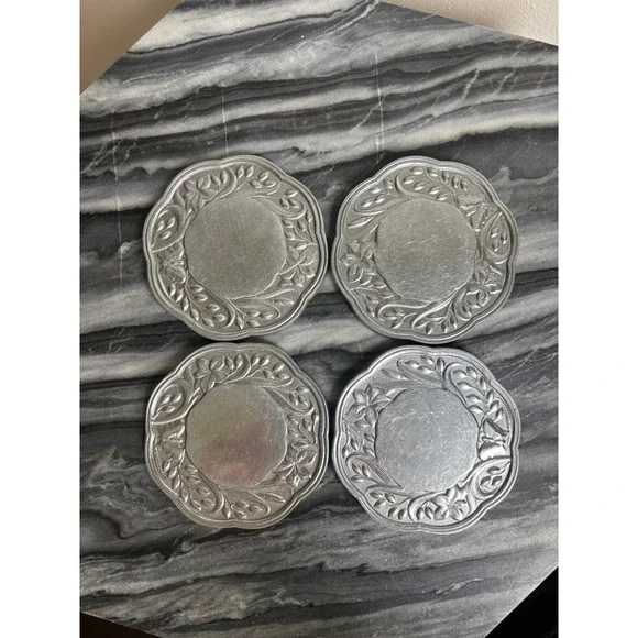 Lenox Silver‎ Metal Floral Butterfly Coasters Set of 4 Cork Backed Scalloped 4in