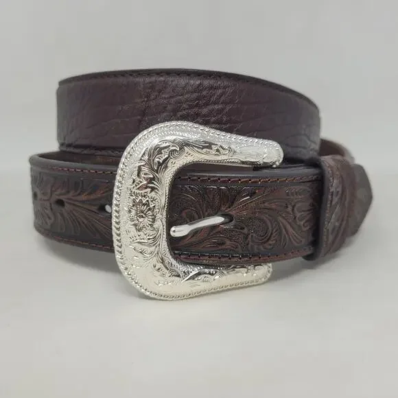Nocona Belt Mens 42 Brown Leather Tooled Floral‎ Western Cowboy Silver Buckle