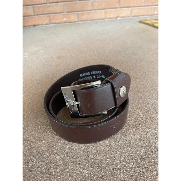 Mens Brown Genuine Leather Eagle Buckle Size 34-36 Silver Tone biker American