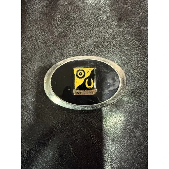 Vintage ALERT Belt Buckle Oval Silver Tone Black Yellow Emblem‎