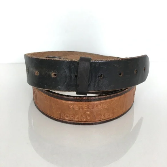 Vintage Mens Veterans of Foreign Wars Brown Leather Belt Military Service USA